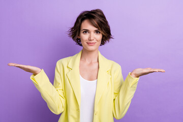 Portrait photo of funny young business lady promoting two products best choice select cheap price...