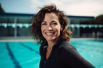 Portrait of a smiling woman standing by the swimming pool at leisure center