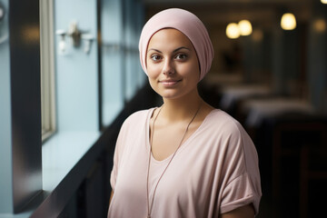 Indian confident bald woman in hospital who is a cancer survivor - obrazy, fototapety, plakaty