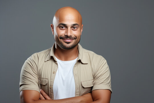 indian bald man standing isolated against plain background