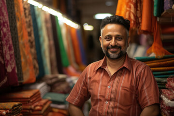 Fototapeta premium Indian cloth market - Happy cloth merchant or shopkeeper sitting at counter looking at camera