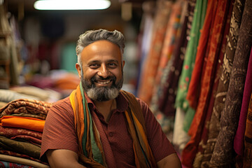 Indian cloth market - Happy cloth merchant or shopkeeper sitting at counter looking at camera