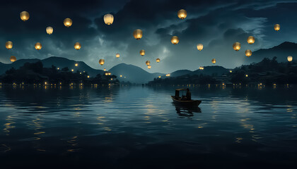 Lots of beautiful lanterns in the night sky during Diwali in India