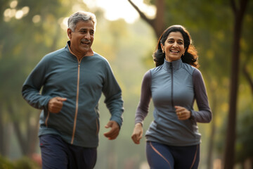 Indian happy senior couple jogging or taking a walk in the park