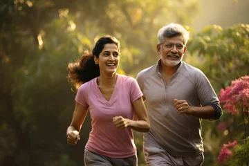 Foto op Plexiglas Indian happy senior couple jogging or taking a walk in the park © StockImageFactory