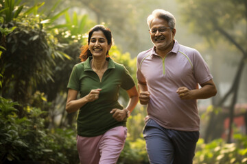 Indian happy senior couple jogging or taking a walk in the park - obrazy, fototapety, plakaty