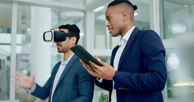 Business men, virtual reality and test on tablet for metaverse developer, coding and planning. Programming partnership, ar vision and team goal for 3d user experience, scroll and click ui in office