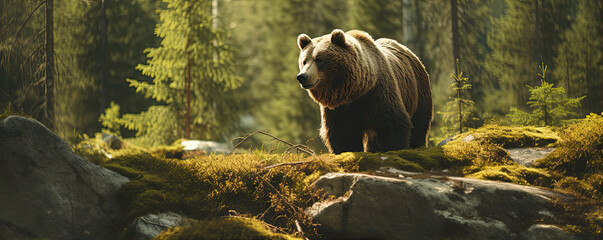 Grizzly bear in forest. wide banner