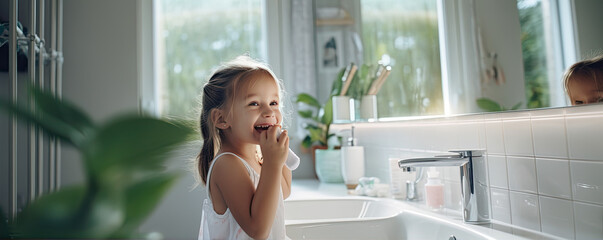 little girl brushing teeth in modern bathroom. - obrazy, fototapety, plakaty