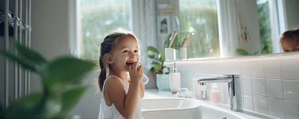 Foto op Plexiglas little girl brushing teeth in modern bathroom. © Michal