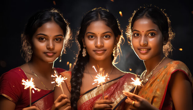 three beautiful girls during Diwali in India