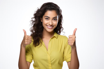 Indian pretty young woman showing Ok sign with thumbs up for approval