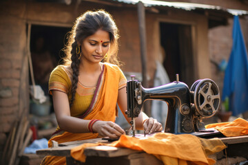 Portrait of indian rural woman sewing clothes