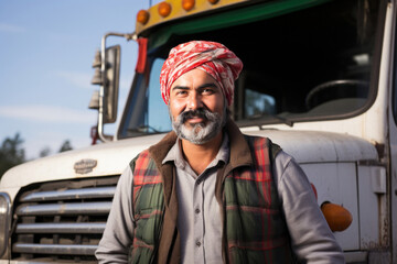 Indian happy hardworking truck driver standing in front of his truck