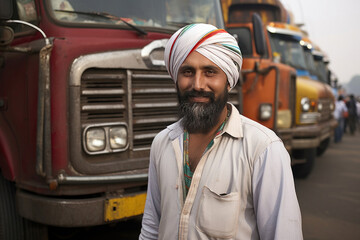 Fototapeta na wymiar Indian happy hardworking truck driver standing in front of his truck