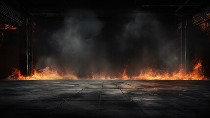 A bonfire is burning in an empty warehouse.