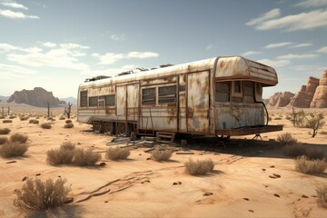 Fototapeta na wymiar Landscape with abandoned trailer in the middle of the desert. Generative AI