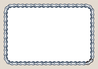 Vector hand drawn bicycle chain forming the border of an A4 frame with rounded corners. Isolated on white background.