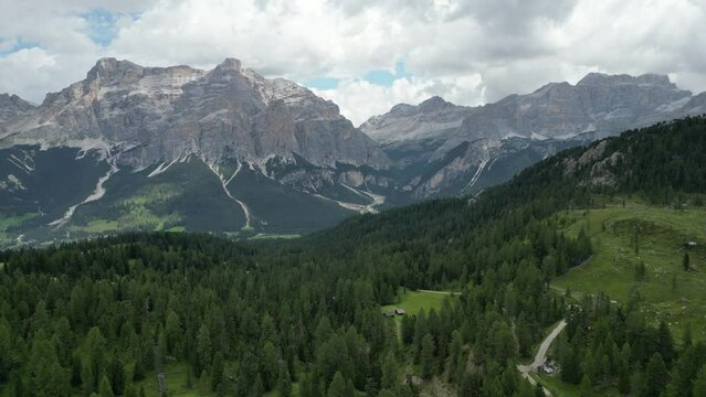 Aerial view of Dolomites Alps near Alta Badia, Trentino-Alto-Adige region, Italy. Summer season.