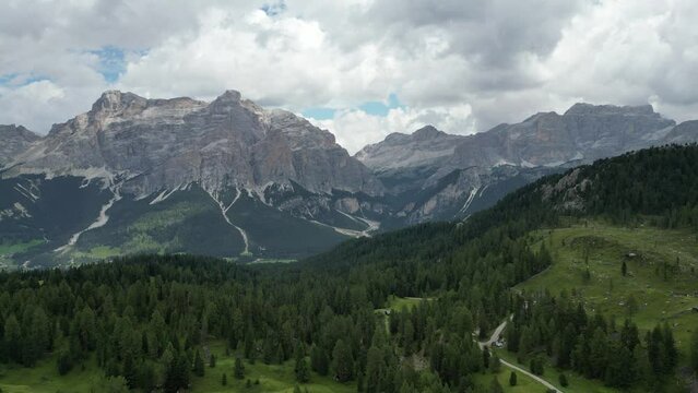 Aerial view of Dolomites Alps near Alta Badia, Trentino-Alto-Adige region, Italy. Summer season.