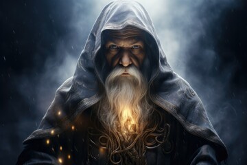 Wizard with hood, fantasy and imagination concept. Generative AI