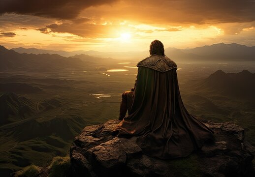 Landscape with medieval warrior on the top of the mountain, sunset in the background. Generative AI