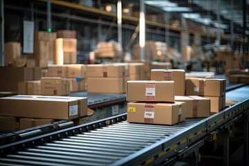 Cardboard box with orders on a conveyor belt in a logistics warehouse. Generative AI