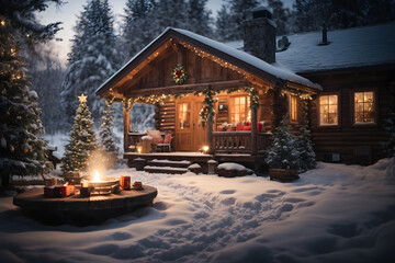 Outdoor view of Christmas House with fire infront of house