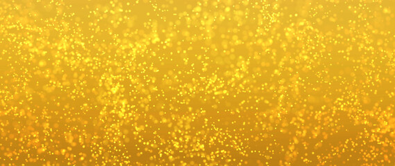 Golden particles shining stars dust bokeh glitter awards dust abstract background. Futuristic glittering in space on gold color background.