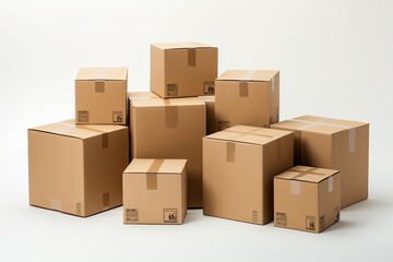 Cardboard boxes, white background, deliveries concept. Generative AI