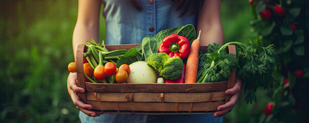 Woman holding a wooden box full of fresh vegetable in color garden background. - obrazy, fototapety, plakaty