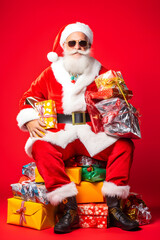 Funny Santa Claus sitting and posing with gifts in hands and sunglasses on black Christmas background. Concept holiday idea