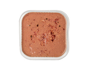 Pet Food in Metal Packaging Isolated, Wet Food for Cats, Dog Canned Pate, Open Pet Food on White