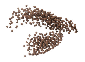 Clay Drainage big size ball pour fall down, explosion in air. Clay Drainage ball splash in shape form line explosion. White background isolated high speed shutter freeze motion