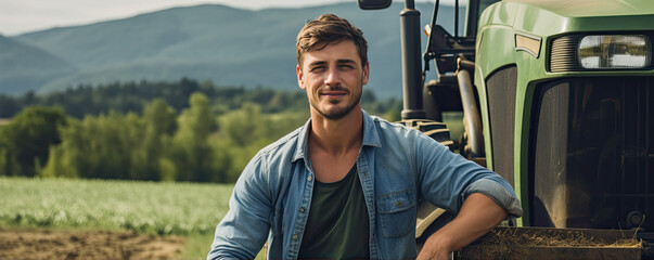 Young handsome farmer in front of tractor in farm field. wide banner