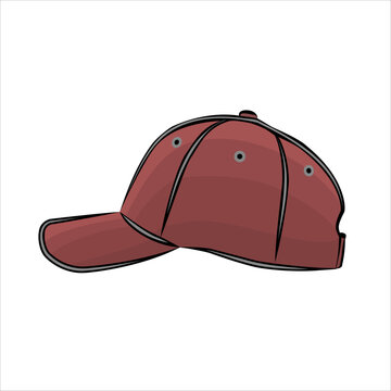 A hand drawn of a baseball cap. Baseball sport hat. The red headdress. Flat style sketch for mobile concept, web design.  Burgundy cap. Vector illustration view from side view. EPS 10.