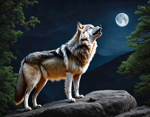 Wolf howling on full moon and stars. Generative AI
