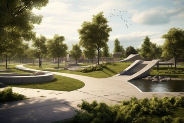 Landscape with park and skate park, trees and nature. Generative AI