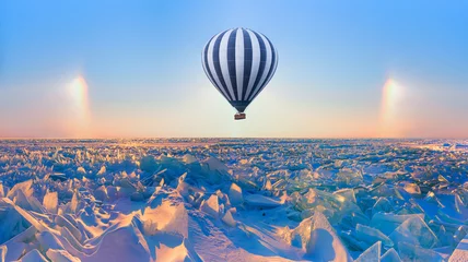 Photo sur Aluminium Paysage Hot air balloon flying over Baikal lake - Beautiful winter landscape of frozen Lake Baikal at sunrise - Snowy ice hummocks with transparent blue piles of ice - Baikal Lake, Siberia
