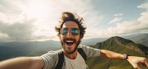 Smiling man taking selfie on the top of the mountain, adventure and freedom concept. Generative AI
