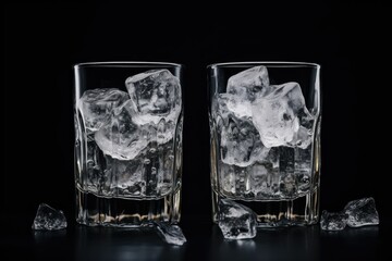 Digital illustration of glass cup with ice cubes inside, dark background. Generative AI