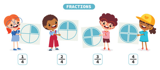 Cartoon Kids Learning Fractions Subject - obrazy, fototapety, plakaty
