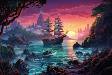 Landscape with pirate ship on an island, illustration style, fantasy concept. Generative AI - obrazy, fototapety, plakaty