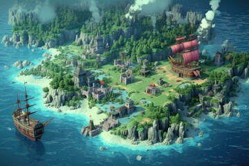 Obraz premium Landscape with pirate ship on an island, illustration style, fantasy concept. Generative AI