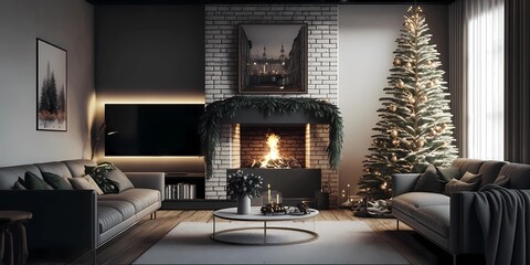 Christmas atmosphere in a modern minimalist white living room of a loft around the fireplace with the christmas tree