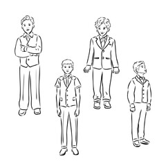 Pupils Kids With Backpack Staying Together Black Line Pencil Drawing