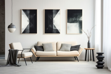 Stylish composition of living room interior in Scandinavian style.