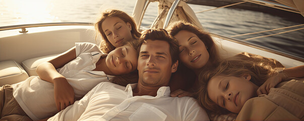 Attractive familly relaxing on a yacht deck. wide banner