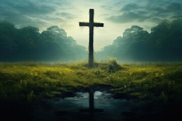 Landscape with wooden cross, Christianity and spirituality concept. Generative AI