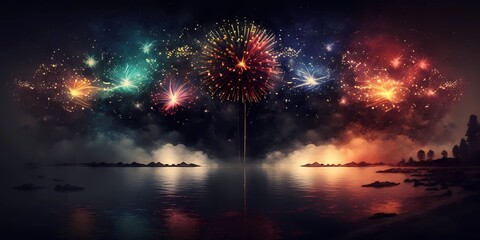 Landscape of fireworks over the lake. Celebration and festival concept. Created by generative IA